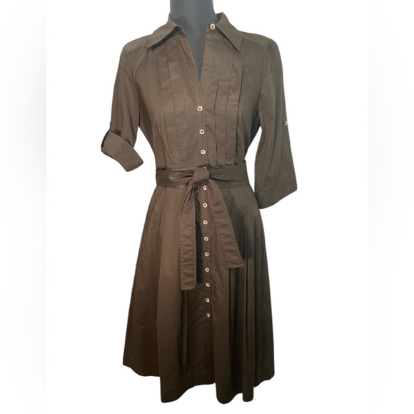 Poplin fit and flare Audrey V-neck shirt dress pleated librarian 50s wife midi - Picture 2 of 9